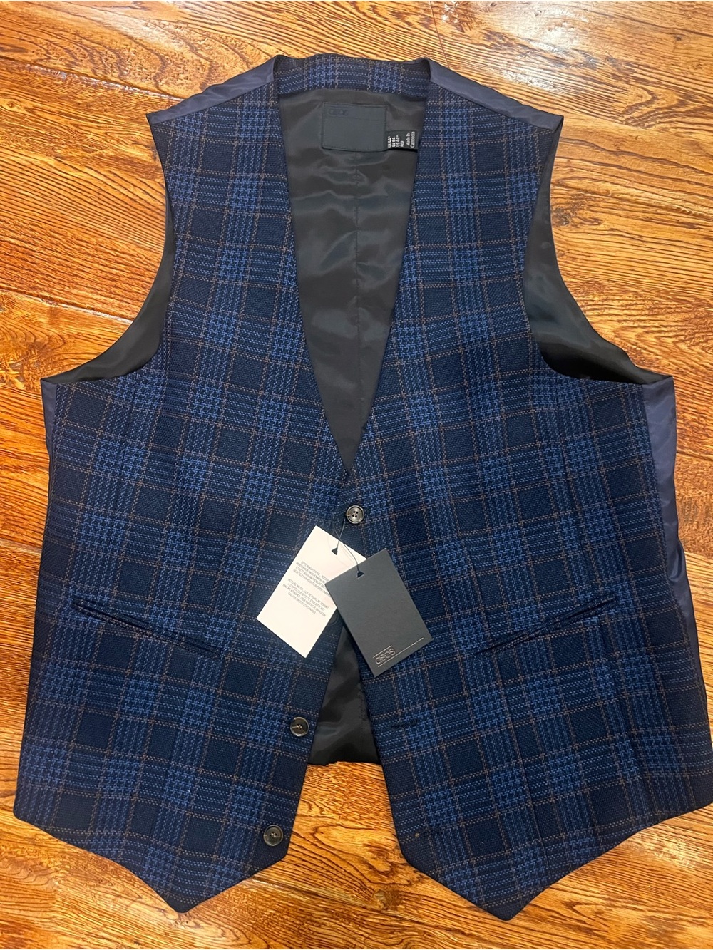 NWT ASOS Navy Checked Suit Vest Windowpane Pattern Mens Preppy Twill Slim Fit